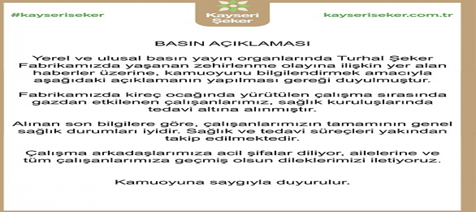 Kayseri Şeker’den Turhal Fabrikası’ndaki Gaz Etkilenmesi Olayına İlişkin Açıklama