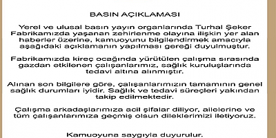 Kayseri Şeker’den Turhal Fabrikası’ndaki Gaz Etkilenmesi Olayına İlişkin Açıklama